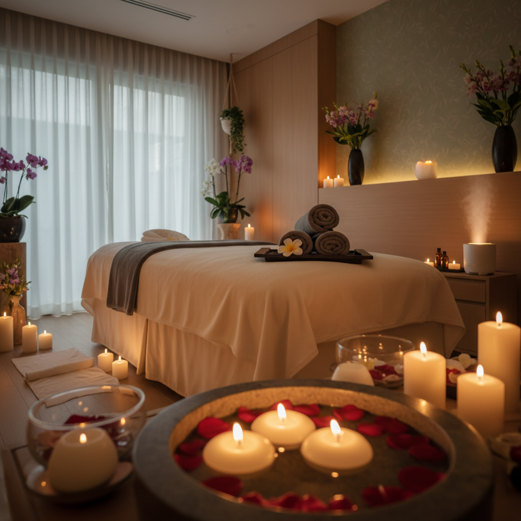 A serene and luxurious spa environment with soft lighting and tranquil decor.